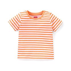 Babyhug Cotton Knit Dungaree and Half Sleeves T-Shirt Set Stripes & Dino Print - Orange & Light Green