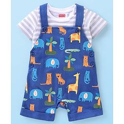 Babyhug Cotton Knit Wild Animal Print Knee length Dungaree with Half Sleeves Stripe Inner Tee - Grey & Blue