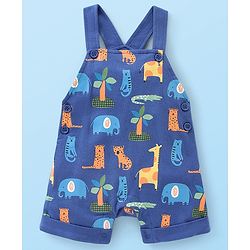Babyhug Cotton Knit Wild Animal Print Knee length Dungaree with Half Sleeves Stripe Inner Tee - Grey & Blue