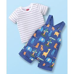 Babyhug Cotton Knit Wild Animal Print Knee length Dungaree with Half Sleeves Stripe Inner Tee - Grey & Blue