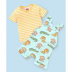 Babyhug 100% Cotton Knit Dungaree and Half Sleeves T-Shirt Set Stripes & Lion Print - Yellow & Light Blue
