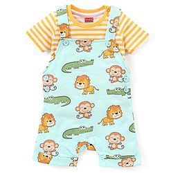 Babyhug 100% Cotton Knit Dungaree and Half Sleeves T-Shirt Set Stripes & Lion Print - Yellow & Light Blue