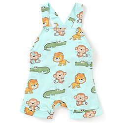 Babyhug 100% Cotton Knit Dungaree and Half Sleeves T-Shirt Set Stripes & Lion Print - Yellow & Light Blue