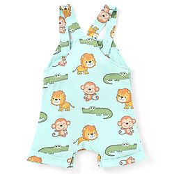 Babyhug 100% Cotton Knit Dungaree and Half Sleeves T-Shirt Set Stripes & Lion Print - Yellow & Light Blue