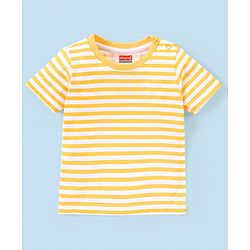 Babyhug 100% Cotton Knit Dungaree and Half Sleeves T-Shirt Set Stripes & Lion Print - Yellow & Light Blue