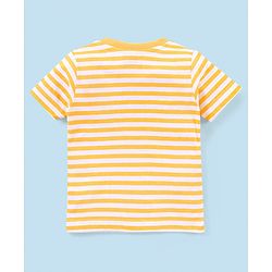 Babyhug 100% Cotton Knit Dungaree and Half Sleeves T-Shirt Set Stripes & Lion Print - Yellow & Light Blue