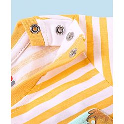 Babyhug 100% Cotton Knit Dungaree and Half Sleeves T-Shirt Set Stripes & Lion Print - Yellow & Light Blue