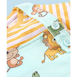 Babyhug 100% Cotton Knit Dungaree and Half Sleeves T-Shirt Set Stripes & Lion Print - Yellow & Light Blue
