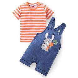 Babyhug 100% Cotton Half Sleeves Striped Inner Tee with Dungaree - Blue & Orange