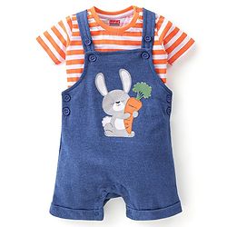 Babyhug 100% Cotton Half Sleeves Striped Inner Tee with Dungaree - Blue & Orange