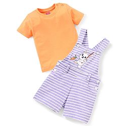 Babyhug 100% Cotton Knit Dungaree and Half Sleeves T-Shirt Set Stripes & Bunny Print - Orange & Purple