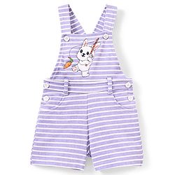 Babyhug 100% Cotton Knit Dungaree and Half Sleeves T-Shirt Set Stripes & Bunny Print - Orange & Purple
