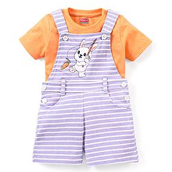 Babyhug 100% Cotton Knit Dungaree and Half Sleeves T-Shirt Set Stripes & Bunny Print - Orange & Purple
