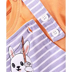 Babyhug 100% Cotton Knit Dungaree and Half Sleeves T-Shirt Set Stripes & Bunny Print - Orange & Purple