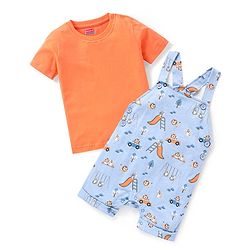 Babyhug 100% Cotton Knit Wild Animals Printed Dungaree with Half Sleeves Solid Colour T-Shirt Set - Orange & Light Blue