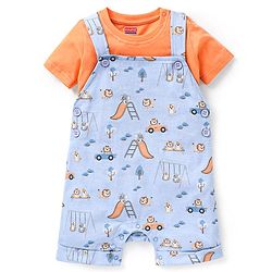 Babyhug 100% Cotton Knit Wild Animals Printed Dungaree with Half Sleeves Solid Colour T-Shirt Set - Orange & Light Blue