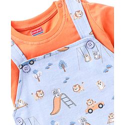 Babyhug 100% Cotton Knit Wild Animals Printed Dungaree with Half Sleeves Solid Colour T-Shirt Set - Orange & Light Blue