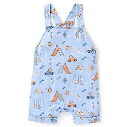 Babyhug 100% Cotton Knit Wild Animals Printed Dungaree with Half Sleeves Solid Colour T-Shirt Set - Orange & Light Blue