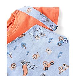 Babyhug 100% Cotton Knit Wild Animals Printed Dungaree with Half Sleeves Solid Colour T-Shirt Set - Orange & Light Blue