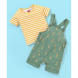 Babyhug 100% Cotton Knit Giraffe Printed Dungaree with Half Sleeves Striped T-Shirt - Yellow & Green
