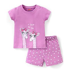 Babyhug Cotton Knit Half Sleeves Night Suit Giraffe Print - Lavender