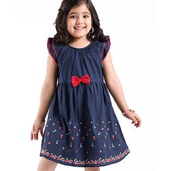 Babyhug Rayon Short Sleeves Dobby Frock With Floral Embroidery & Bow Applique- Navy Blue