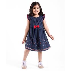 Babyhug Rayon Short Sleeves Dobby Frock With Floral Embroidery & Bow Applique- Navy Blue
