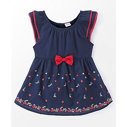 Babyhug Rayon Short Sleeves Dobby Frock With Floral Embroidery & Bow Applique- Navy Blue