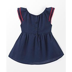 Babyhug Rayon Short Sleeves Dobby Frock With Floral Embroidery & Bow Applique- Navy Blue