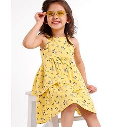 Babyhug Rayon Sleeveless Fit And Flare Frock With Bow Applique Floral Print- Yellow
