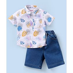 Babyhug Cotton Woven Half Sleeves Shirt & Denim Shorts Set Leaves Print - White & Blue