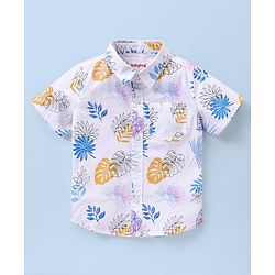 Babyhug Cotton Woven Half Sleeves Shirt & Denim Shorts Set Leaves Print - White & Blue