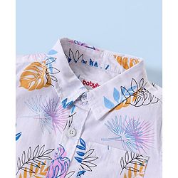 Babyhug Cotton Woven Half Sleeves Shirt & Denim Shorts Set Leaves Print - White & Blue
