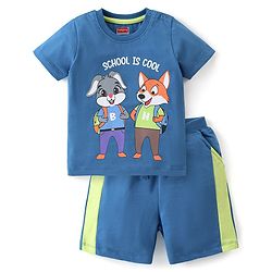 Babyhug 100% Cotton Knit Half Sleeves T-Shirt & Shorts Set Bunny Print - Blue