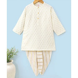 Babyhug Boys Three Fourth Sleeve Chanderi Butti Kurta With Lurex Stipe Dobby Dhoti - Off White