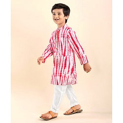 Babyhug Woven Full Sleeves Mandarin Collar Kurta & Pajama Set with Tie Dye Print - Red & White