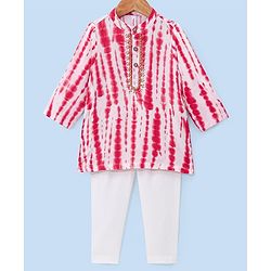Babyhug Woven Full Sleeves Mandarin Collar Kurta & Pajama Set with Tie Dye Print - Red & White