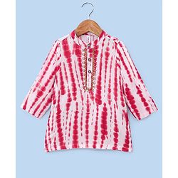 Babyhug Woven Full Sleeves Mandarin Collar Kurta & Pajama Set with Tie Dye Print - Red & White