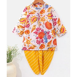 Babyhug 100% Cotton Full Sleeves Kurta & Dhoti Set Ethnic Print - Yellow