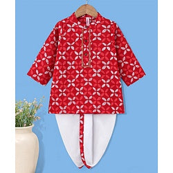 Babyhug 100% Cotton Woven Full Sleeves Floral Print Kurta & Dhoti Set - Red
