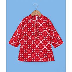 Babyhug 100% Cotton Woven Full Sleeves Floral Print Kurta & Dhoti Set - Red