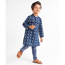 Babyhug 100% Cotton Full Sleeves Kurti Block Print - Blue