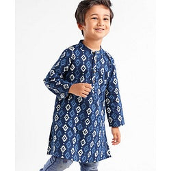 Babyhug 100% Cotton Full Sleeves Kurti Block Print - Blue