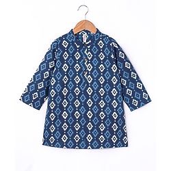 Babyhug 100% Cotton Full Sleeves Kurti Block Print - Blue