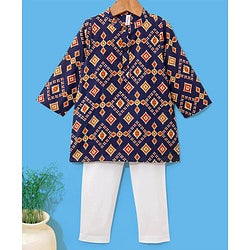 Babyhug 100% Cotton Kurta With Payjama Set Printed - Blue & White