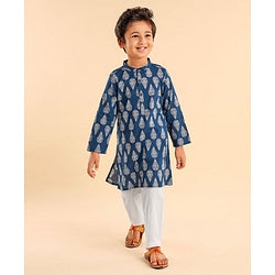 Babyhug 100% Cotton Woven Full Sleeves Kurta with Pyjama Set Floral Print - Blue