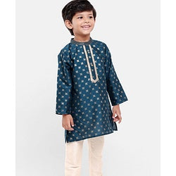 Babyhug Full Sleeves Kurta with Pyjama Set with Zari Design & Golden Lace Detailing - Teal