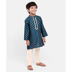 Babyhug Full Sleeves Kurta with Pyjama Set with Zari Design & Golden Lace Detailing - Teal