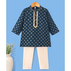 Babyhug Full Sleeves Kurta with Pyjama Set with Zari Design & Golden Lace Detailing - Teal