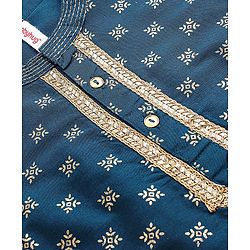 Babyhug Full Sleeves Kurta with Pyjama Set with Zari Design & Golden Lace Detailing - Teal